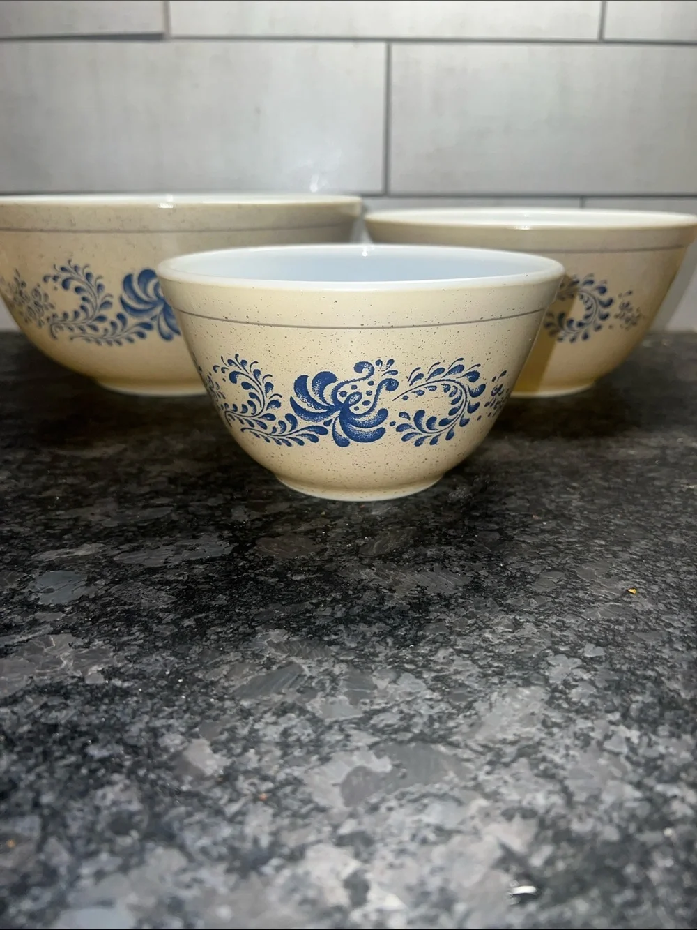 Pyrex Homestead Blue speckled Cream Mixing Bowls with Blue Floral Motif